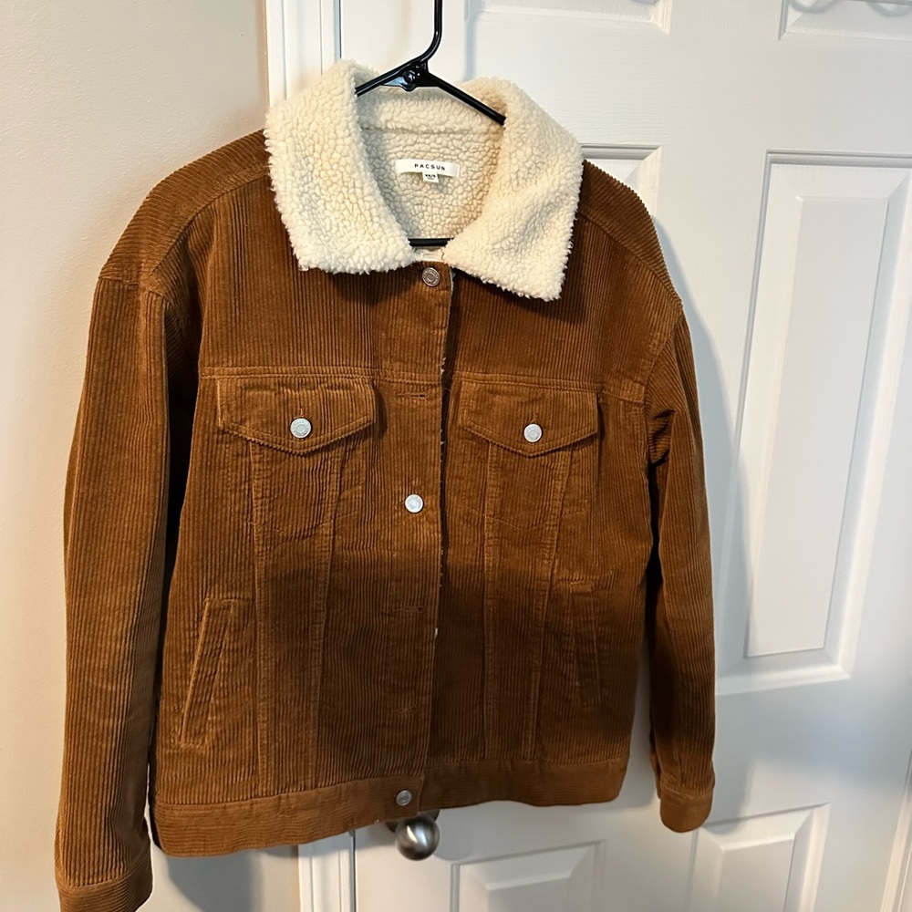 PACSUN Brown Corduroy Jacket with Cream Sherpa Collar